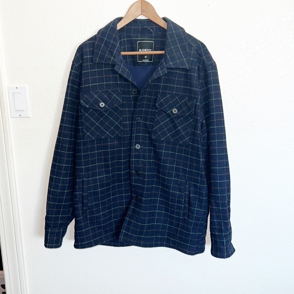 BlankNYC Men’s Wool Blend Button Front Navy Blue Flannel Shacket